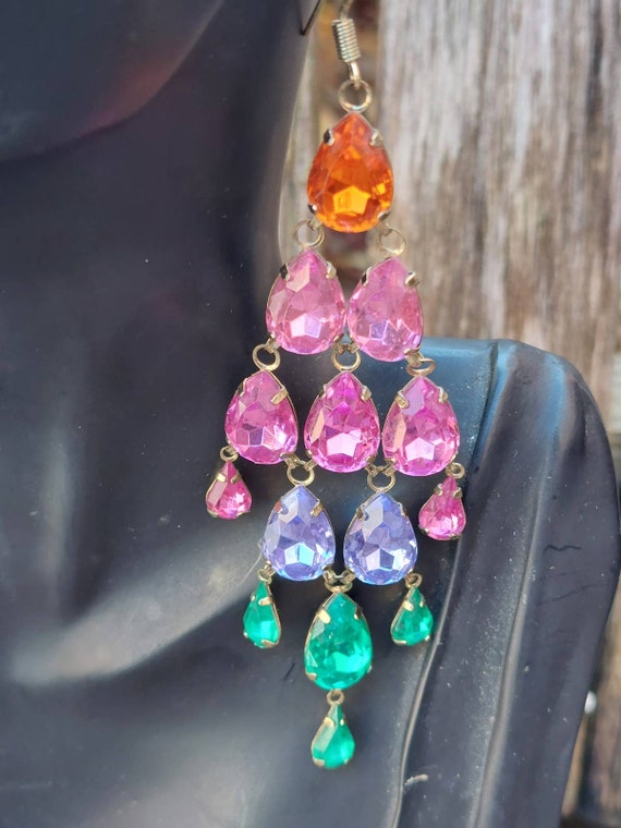 Vintage Long Chandelier Statement Earrings, Rainb… - image 3