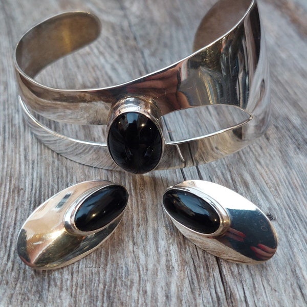 Vintage Sterling Silver & Black Onyx Modernist Cuff Bracelet and Earrings Set