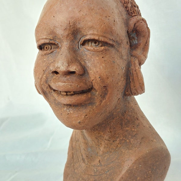 Vintage 7 Inch Terra Cotta Bust of Smiling African American Woman