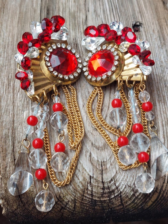 Stunning Vintage Runway Red Ruby Statement Dangle… - image 2