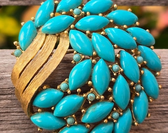 Vintage CROWN TRFARI Faux TURQUOISE Gold Tone Pin Brosche, 5 cm