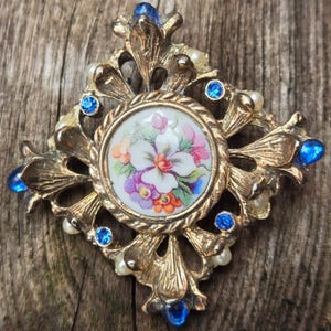 Vintage Limoges France Floral Porcelain Pearl & Blue Crystal Brooch/Pin Pendant