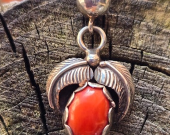 Vintage Navajo Red Spiny Oyster Oval Cabochon & Sterling Silver Dangle Earrings
