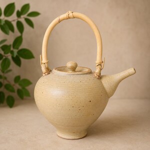 May include: A ceramic teapot with a speckled beige glaze, featuring a rounded body, a short spout, and a lid with a small knob. The teapot has a tall, arched handle made of light-colored, wrapped rattan that is secured to the ceramic body.