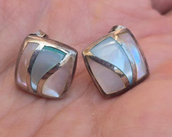 Vintage Sterling Silver & Mother of Pearl Inlay Square Stud Earrings, Modernist