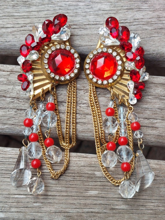 Stunning Vintage Runway Red Ruby Statement Dangle… - image 1