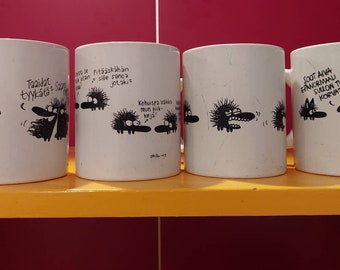 Set of 4 Vintage Finnish Scandinavian Coffee Mugs with Cartoons/Jokes