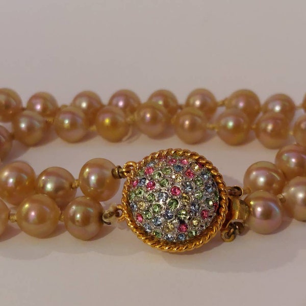 1940's Vintage Marvella Double Strand Iridescent Pearl Bracelet w/Crystal Clasp