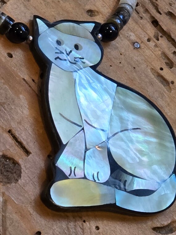 Mother of Pearl Inlaid Cat Pendant Necklace - Cat… - image 4