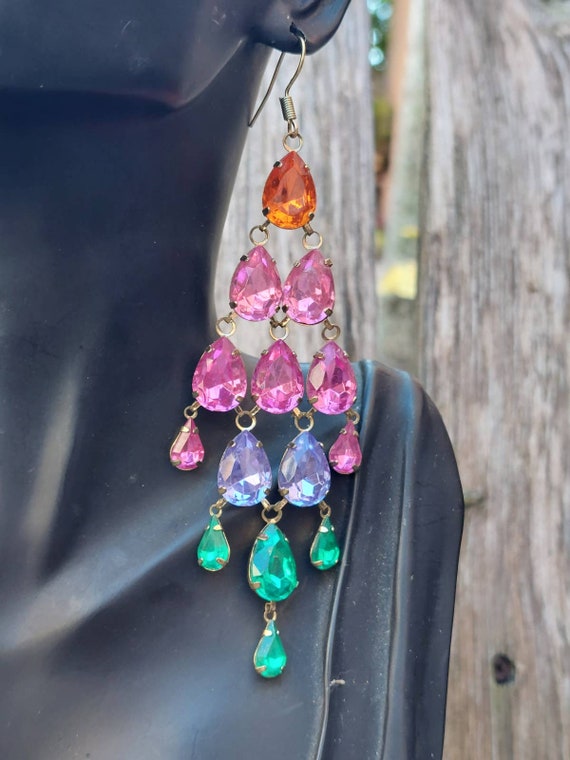 Vintage Long Chandelier Statement Earrings, Rainb… - image 2