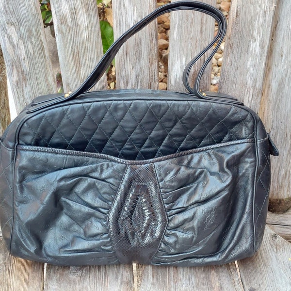 Vintage 80's VENETTO AMI KAHN Black Leather w/Snakeskin Applique Bag Purse