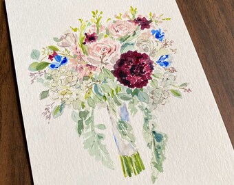 5x7 Custom Wedding Bouquet PaintingWedding Gift Anniversary GiftPaper GiftFloral GiftValentines GiftBridal Bouquet Painting