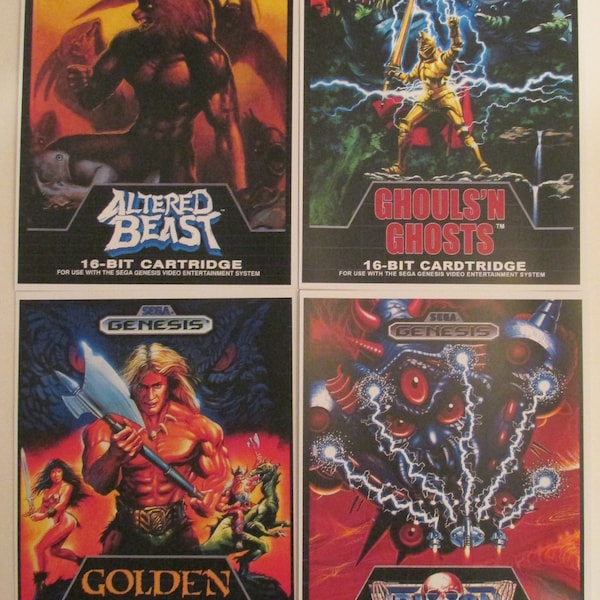 Sega Genesis Retro Video Game Box Art Reproduction Four 8.5x11 Poster Prints - Altered Beast, Ghouls 'N Ghosts, Golden Axe, Truxton