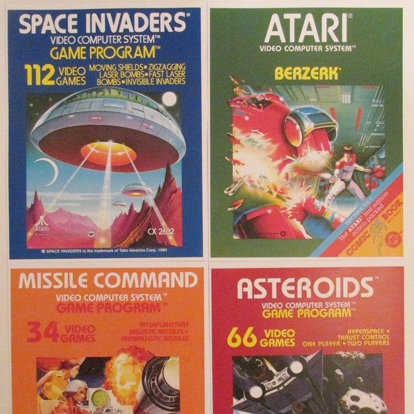 Atari 2600 Video Game Box Art Reproduction Four 8.5x11 Poster Prints - Space Invaders, Berzerk, Missile Command, Asteroids