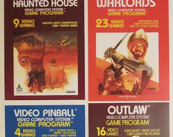 Atari 2600 Video Game Box Art Reproduction Four 8.5x11 Poster Prints - Haunted House, Warlords, Outlaw, Video Pinball - Game Poster Decor