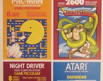 Atari 2600 Video Game Box Art Reproduction Four 8.5x11 Poster Prints - Pac-Man, Defender, Night Driver, Venture - Vintage Game Poster Decor