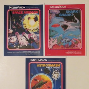 Intellivision Video Game Box Art Reproduction Three 8.5x11 Poster Prints - Astrosmash, Space Armada, Shark! Shark! Vintage Game Poster Decor