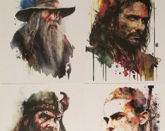 Lord of The Rings Character Portraits Watercolor Poster Set of Four LOTR Fantasy Art Reproduction Prints - 8.5x11 Gandalf, Aragorn, Legolas