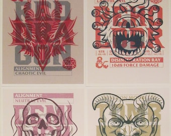 Dungeons and Dragons Fantasy Role-Playing Adventure Game Monster Art Poster Reproduction Prints Four D&D RPG 8.5x11 - Beholder, Red Dragon