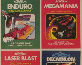 Activision Atari 2600 Video Game Box Art Reproduction 8.5x11 Poster Prints - Enduro, Megamania, Laser Blast, Decathlon - Game Poster Decor