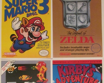 Nintendo NES Retro Video Game Box Art Reproduction Four 8.5x11 Poster Prints - Super Mario 3, Zelda, Metroid, Kirby's Adventure