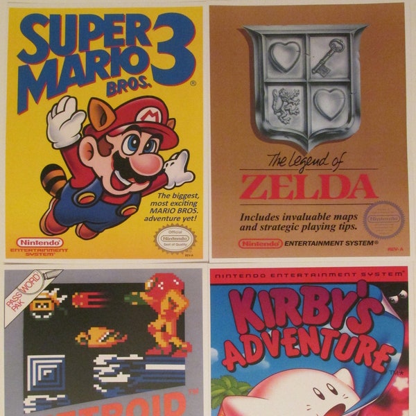 Nintendo NES Retro Video Game Box Art Reproduction Four 8.5x11 Poster Prints - Super Mario 3, Zelda, Metroid, Kirby's Adventure