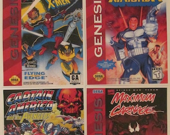 Sega Genesis Retro Video Game Box Art Reproduction Four 8.5x11 Poster Prints - Spider-Man X-Men, Punisher, Captain America, Maximum Carnage
