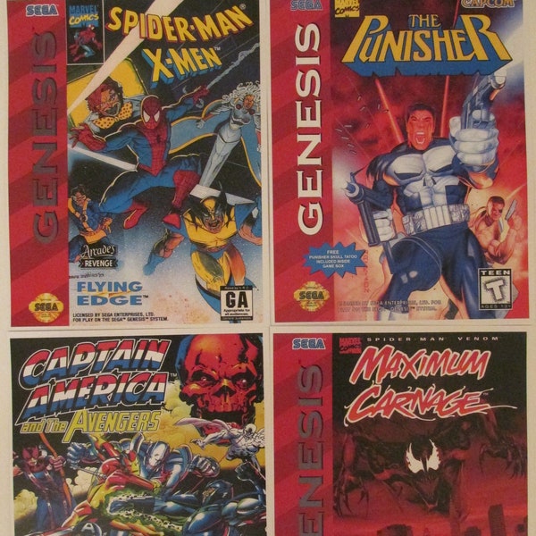 Sega Genesis Retro Video Game Box Art Reproduction Four 8.5x11 Poster Prints - Spider-Man X-Men, Punisher, Captain America, Maximum Carnage