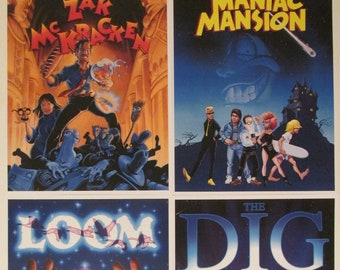 Computer Video Game Box Art Reproduction Four 8.5x11 Poster Prints - Maniac Mansion, Zak McKracken, Loom, The Dig - LucasArts Big Box Art