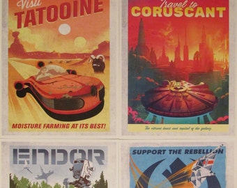 Star Wars Travel Posters Art Prints - Four 8.5x11 Poster Prints - Tatooine, Coruscant, Endor, Hoth