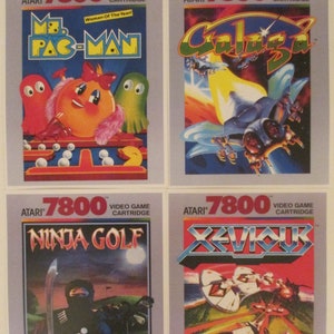 Atari 7800 Video Game Box Art Reproduction Four 8.5x11 Poster Prints - Ms. Pac-Man, Galaga, Ninja Golf, Xevious - Vintage Game Poster Decor