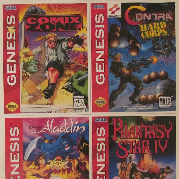 Sega Genesis Retro Video Game Box Art Reproduction Four 8.5x11 Poster Prints - Comix Zone, Contra Hard Corps, Aladdin, Phantasy Star IV