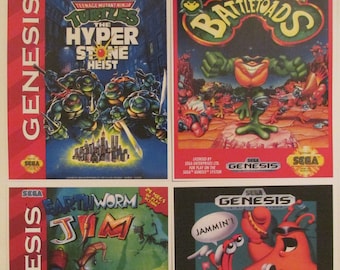 Sega Genesis Video Game Box Art Reproduction Four 8.5x11 Poster Prints - TMNT Hyper Stone, Battletoads, Earthworm Jim, ToeJam & Earl