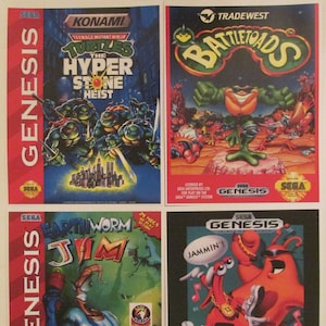 May include: Four Sega Genesis video game cartridges. The cartridges are for the games Teenage Mutant Ninja Turtles: The Hyper Stone Heist, Battletoads, Earthworm Jim, and ToeJam & Earl. The cartridges are all in their original packaging.