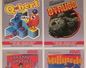 Atari 2600 Video Game Box Art Reproduction Four 8.5x11 Poster Prints - QBert, Millipede, Crystal Castles, Gyruss - Vintage Game Poster Decor