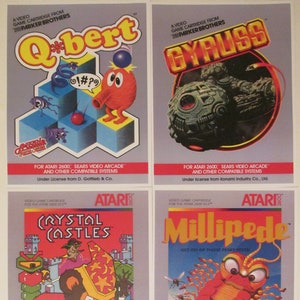 Atari 2600 Video Game Box Art Reproduction Four 8.5x11 Poster Prints - QBert, Millipede, Crystal Castles, Gyruss - Vintage Game Poster Decor