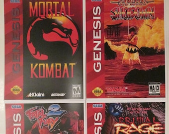 Sega Genesis Video Game Box Art Reproduction Four 8.5x11 Poster Prints - Mortal Kombat, Samurai Showdown, Fatal Fury 2, Primal Rage