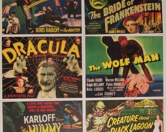 Classic Horror Monster Poster Lobby Card Set: Reproduction Vintage Prints Six 11x8.5 - Dracula, Frankenstein, Bride, Mummy, Wolf Man