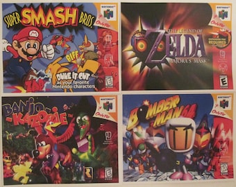 Nintendo 64 Retro Video Game Box Art Reproduction Four 11x8.5 Poster Prints - Super Smash Bros, Majora's Mask, Banjo-Kazooie, Bomberman 64