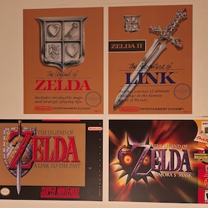 Nintendo Retro Video Game Box Art Reproduction Four Poster Prints - Zelda, Zelda 2, Link to the Past, Majora&#39;s Mask