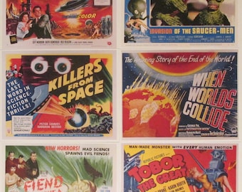 Vintage Sci-Fi Poster Set: 1950s Reproduction Prints Six 11x8.5 - Lobby Cards - This Island Earth, Saucer-Men, Tobor, Worlds Collide, Fiend