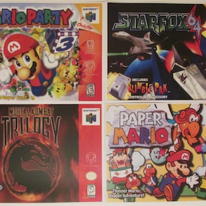 Nintendo 64 Retro Video Game Box Art Reproducción Cuatro impresiones de carteles de 11x8.5 - Mario Party, Star Fox 64, Mortal Kombat Trilogy, Paper Mario