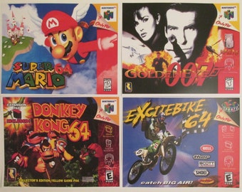 Nintendo 64 Retro Video Game Box Art Reproduction Four 11x8.5 Poster Prints - Super Mario 64, GoldenEye 007, Donkey Kong 64, Excitebike 64