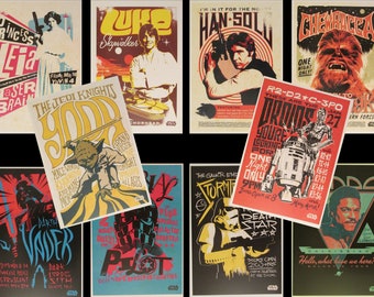 Star Wars Concert Posters Prints - TEN 8.5x11 Poster Prints - Luke, Leia, Han, Vader, Yoda, Droids, Chewbacca, Lando, Jedi, Stormtrooper