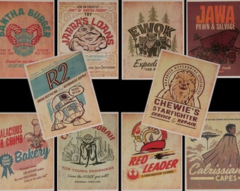STAR WARS Vintage Product Ads Posters Art Prints - Ten 8.5x11 Poster Prints - Chewbacca, Yoda, R2-D2, Bantha Burger, Jabba's Loans, Ewok