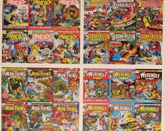 Dracula, Frankenstein, Werewolf, Man Thing - Marvel Comics Monster Cover Art Reproduction Four 8.5x11 Poster Prints