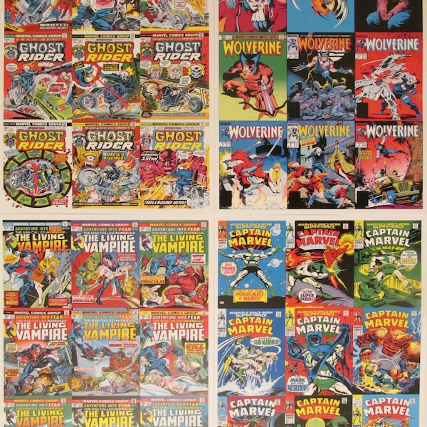 Ghost Rider, Wolverine, Morbius, Captain Marvel - Marvel Comics Superhero Cover Art Reproduction Four 8.5x11 Poster Prints