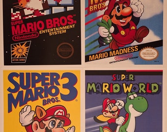 Nintendo Super Mario Bros NES/SNES Retro Video Game Box Art Reproduction Four 8.5x11 Poster Prints - Mario Bros 1, 2, 3, Super Mario World