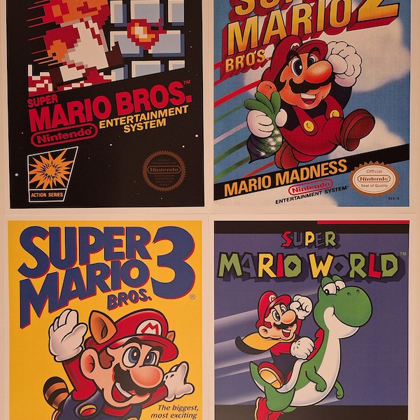 Nintendo Super Mario Bros NES/SNES Retro Video Game Box Art Reproduction Four 8.5x11 Poster Prints - Mario Bros 1, 2, 3, Super Mario World