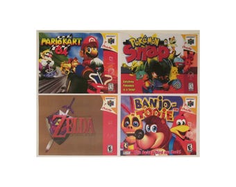 Nintendo 64 Retro Video Game Box Art Reproduction Four 11x8.5 Poster Prints - Mario Kart 64, Pokemon Snap, Zelda: Ocarina, Banjo-Tooie